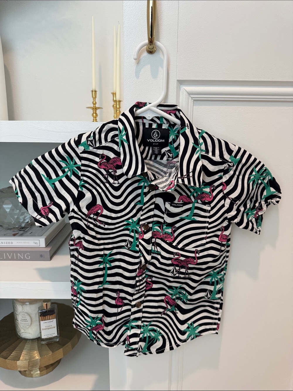 Volcom Black White Zebra Stripe Shirt with Pink Flamingos and Green Palms